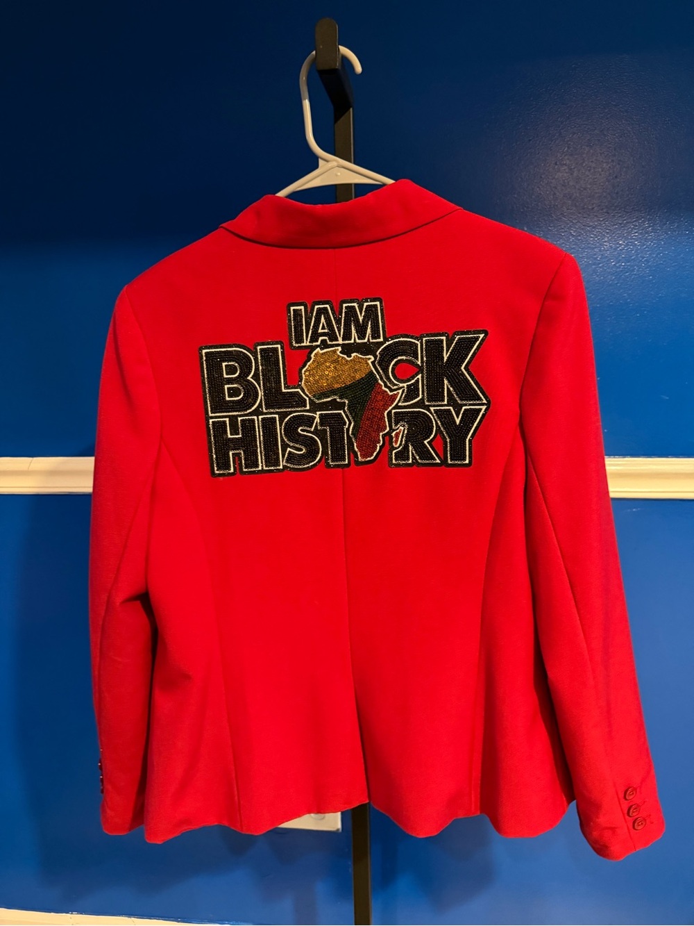 Upcycled patchwork black history themed blazer